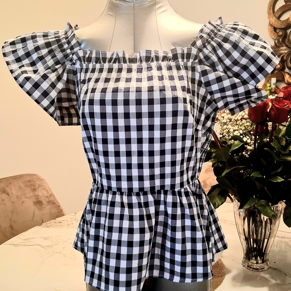 Ricki's Tops - Ricki's Dark Navy Blue and White Gingham Off-Shoulder Blouse